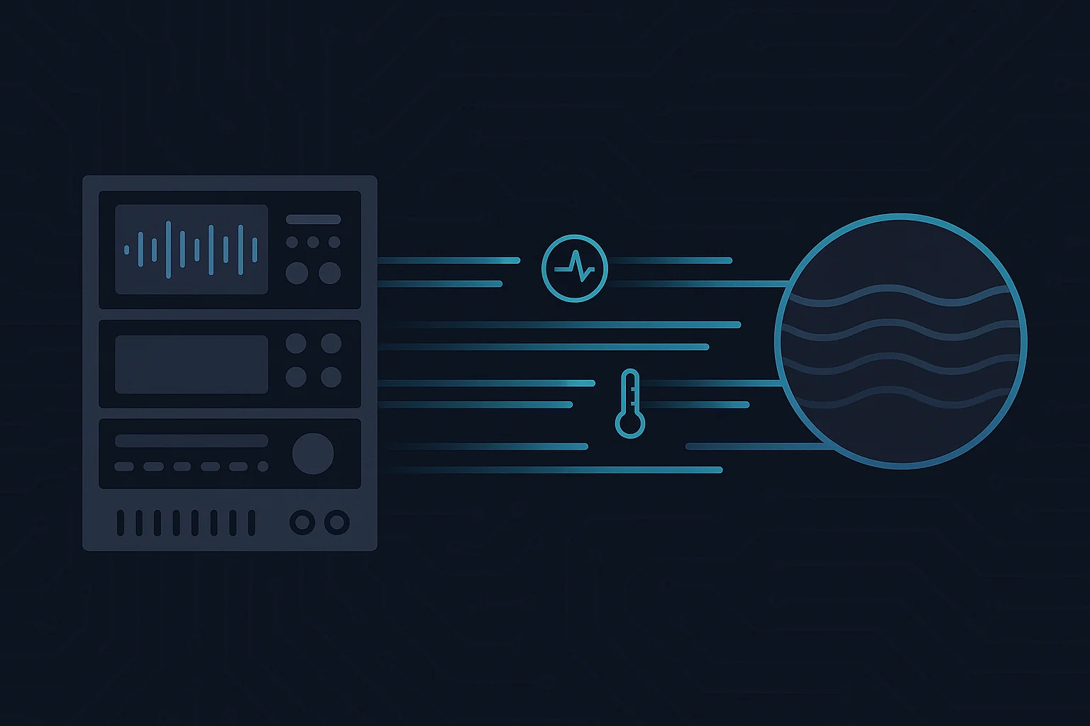 Technical illustration: A test bench rack on the left emits glowing data streams in blue and cyan flowing right toward a stylized data store. Measurement icons – waveform, clock, thermometer – float along the data flows, symbolizing the types of metrics being captured.
