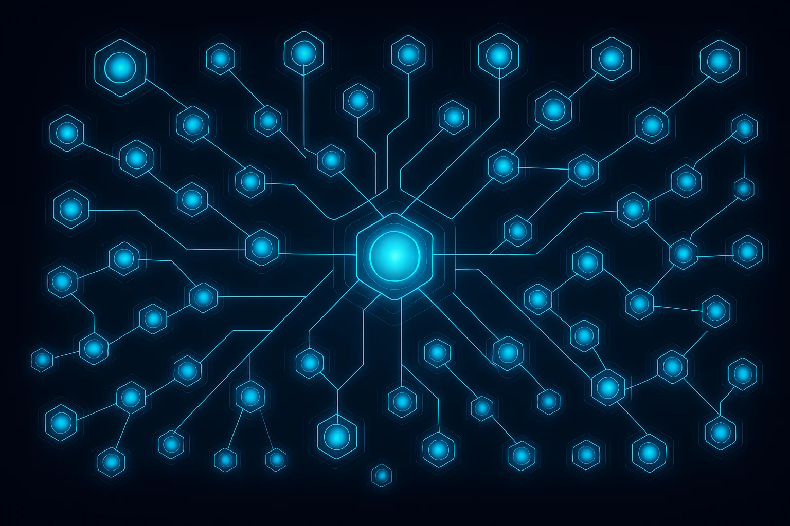 Futuristic network diagram on a dark navy background: five large glowing nodes connected by luminous cyan-blue lines. Three central nodes form a triangle; two outer nodes connect from upper-left and lower-right. The nodes and lines emit a bloom glow, visualizing a Graph Neural Network analyzing vehicle topology data.