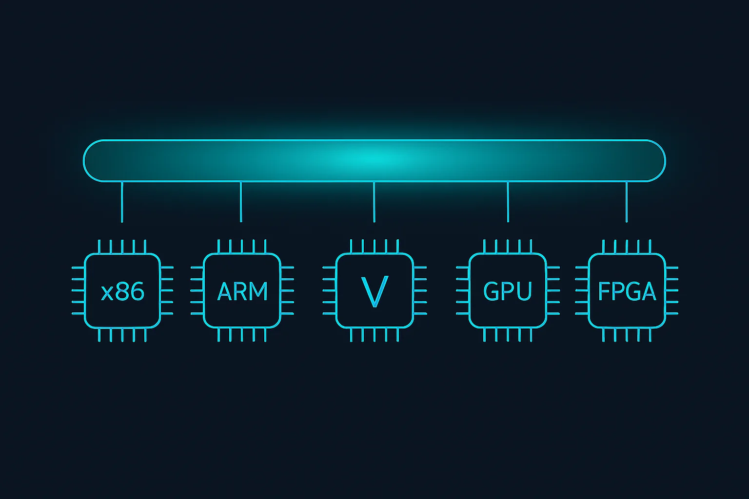 Schematische Darstellung auf dunkelblauem Hintergrund: Fünf Prozessor-Chip-Icons in einer horizontalen Reihe repräsentieren verschiedene Architekturen (x86, ARM, RISC-V, GPU, FPGA). Darüber verbindet eine einzelne transluzente Abstraktionsschicht alle fünf Chips mit leuchtenden Horizontallinien und visualisiert so das One-Binary-Prinzip.